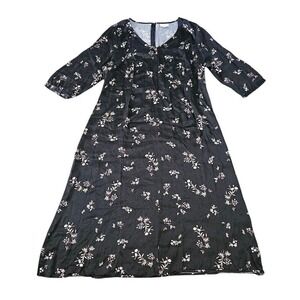 J. Jill Women Black Floral Rayon Midi Dress Women Large Petite V-Neck 3/4 Sleeve